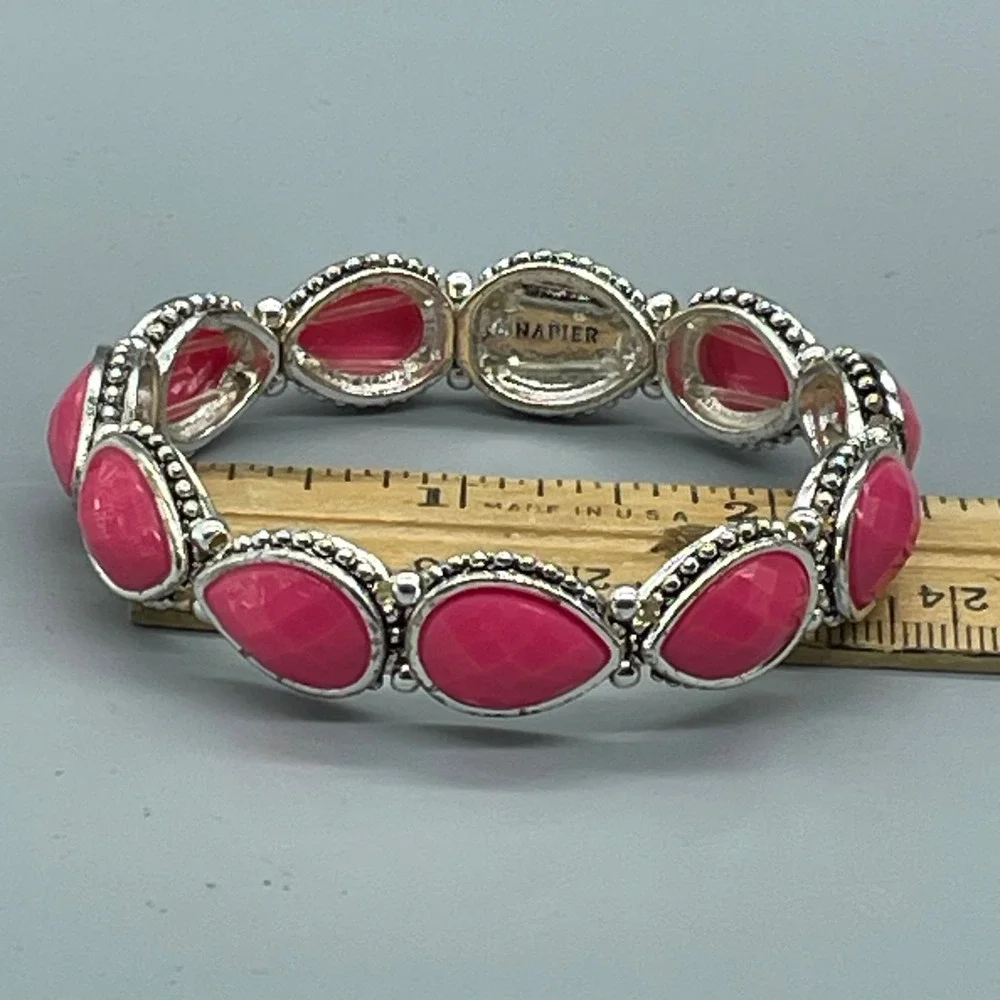 Napier‎ Pink Teardrop Faceted Stone Stretch Bracelet Silver Tone Beaded Detail